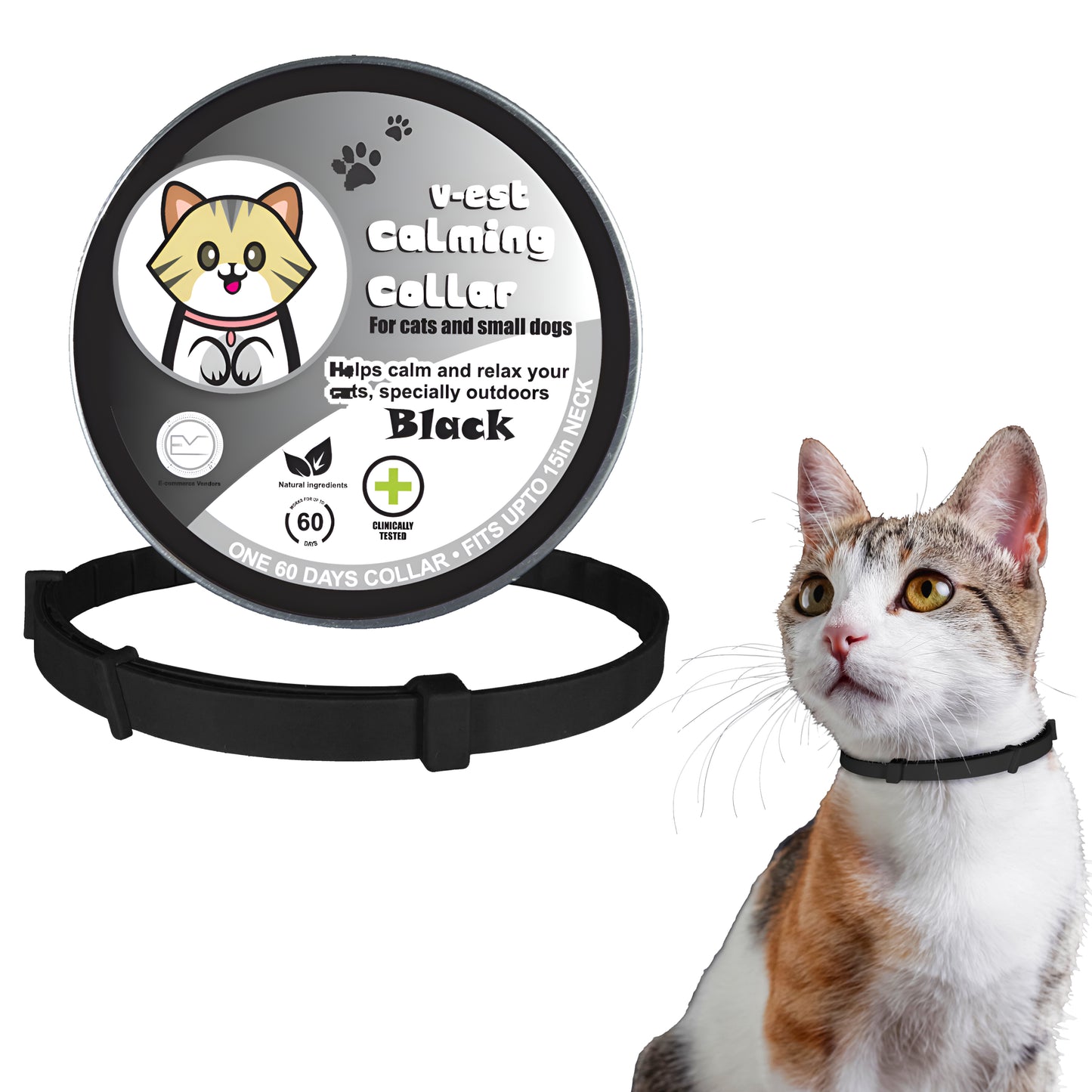 Shopypaws Calming Collar for Small Dogs and Cats with Pheromones, Reduce Separation Anxiety, 60-Day, Adjustable Size 15in Black