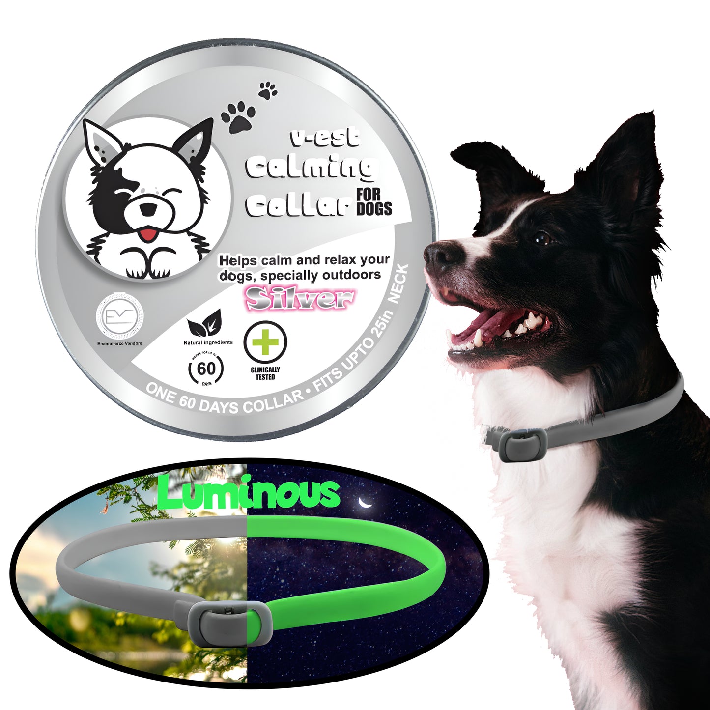 Shopypaws Luminous Calming Collar for Big Dogs with Pheromones, Reduce Separation Anxiety, 60-Day, Adjustable Size 25in