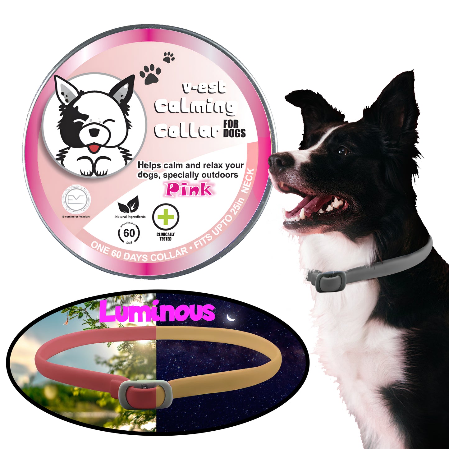 Shopypaws Luminous Calming Collar for Big Dogs with Pheromones, Reduce Separation Anxiety, 60-Day, Adjustable Size 25in